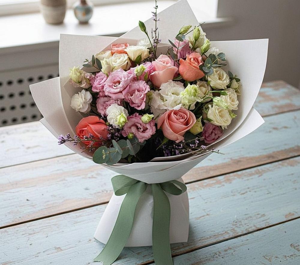 Букет цветов из: Розы, Лизиантусы и Гвоздики в Левокумском