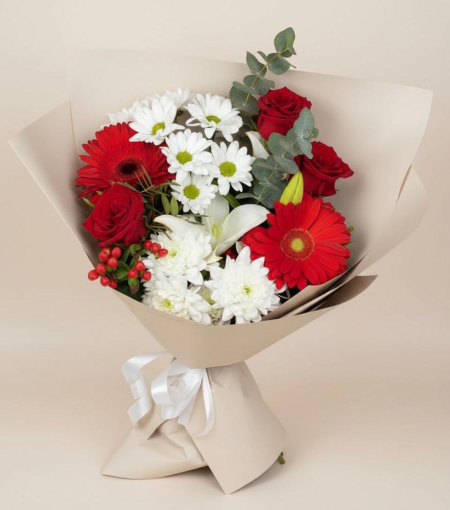 Букет цветов из: Розы, Хризантемы, Герберы и Лилии в Левокумском